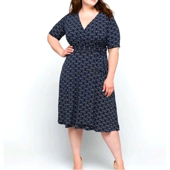 Size 3X 22 24 Navy‎ Blue Geometric Print Midi Wrap Dress Spring Summer PLUS SIZE - Picture 1 of 9